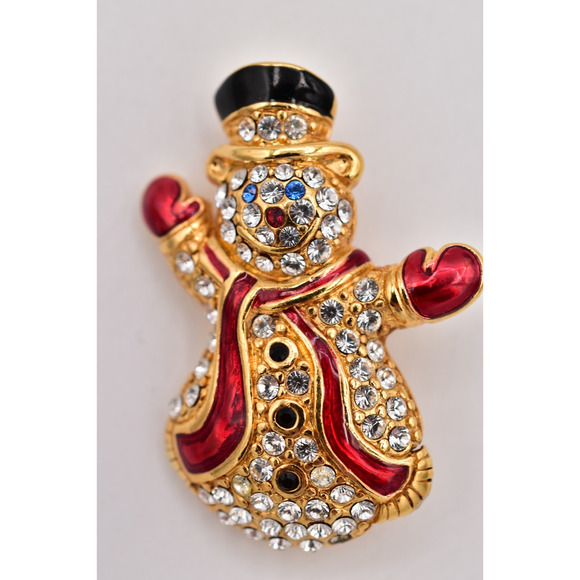 Monet Vintage Crystal Christmas Snowman Pin Brooch Rhinestone Gold Signed BinBP - Picture 2 of 12